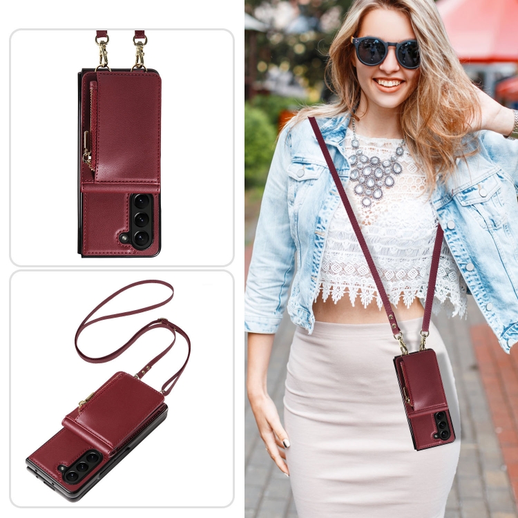 For Samsung Galaxy Z Fold5 5G Crossbody Lanyard Zipper Wallet Leather Phone Case(Wine Red) For Samsung Galaxy Z Fold5 5G Crossbody Lanyard Zipper Wallet Leather Phone Case(Wine Red)
