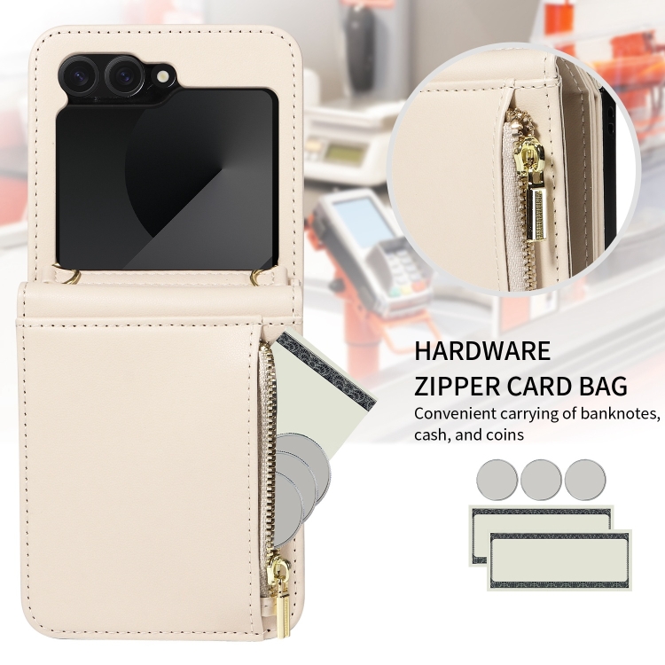 For Samsung Galaxy Z Flip6 5G Crossbody Lanyard Zipper Wallet Leather Phone Case(Beige) For Samsung Galaxy Z Flip6 5G Crossbody Lanyard Zipper Wallet Leather Phone Case(Beige)