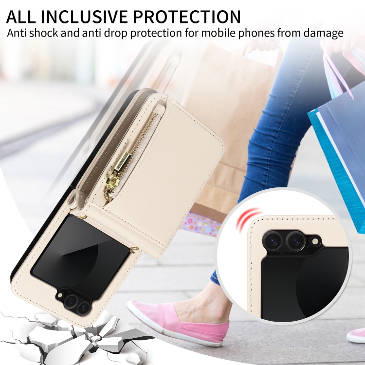 For Samsung Galaxy Z Flip6 5G Crossbody Lanyard Zipper Wallet Leather Phone Case(Beige) For Samsung Galaxy Z Flip6 5G Crossbody Lanyard Zipper Wallet Leather Phone Case(Beige)