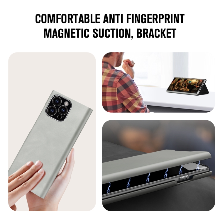 For iPhone 15 Pro Magnetic Napa Texture Leather Phone Case with Holder(Grey) For iPhone 15 Pro Magnetic Napa Texture Leather Phone Case with Holder(Grey)