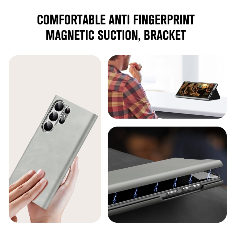 For Samsung Galaxy S22 Ultra 5G Magnetic Napa Texture Leather Phone Case with Holder(Grey) For Samsung Galaxy S22 Ultra 5G Magnetic Napa Texture Leather Phone Case with Holder(Grey)