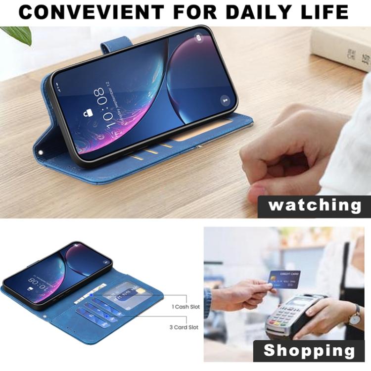 Custodia A Portafoglio In Pelle PU Con Protezione Antiurto Per Motorola Moto E14 / G04 / G24. Colore Blu. Con Slot Per Carte, Tasca Per Contanti E Cavalletto Magnetico Per Video A Mani Libere.