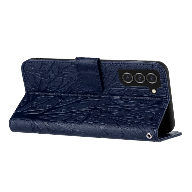 For Samsung Galaxy S22 5G Tree Birds Embossed Pattern Leather Phone Case(Blue) For Samsung Galaxy S22 5G Tree Birds Embossed Pattern Leather Phone Case(Blue)