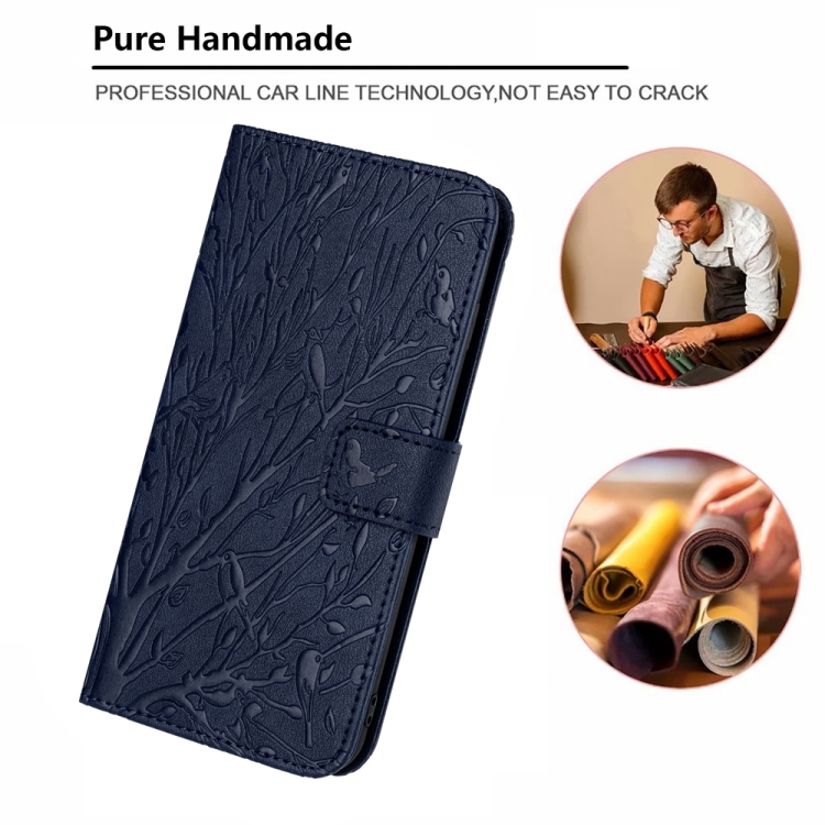For Samsung Galaxy S22 5G Tree Birds Embossed Pattern Leather Phone Case(Blue) For Samsung Galaxy S22 5G Tree Birds Embossed Pattern Leather Phone Case(Blue)