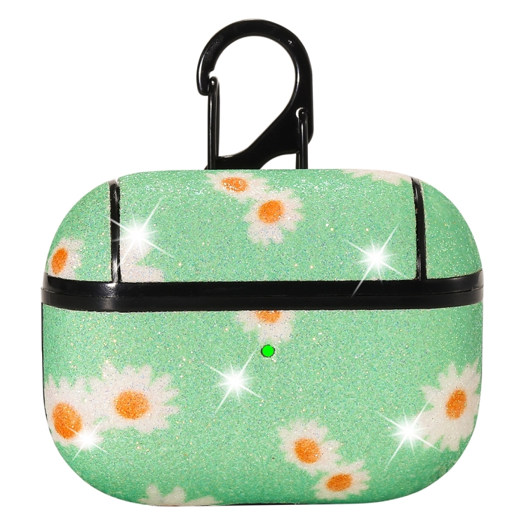 For AirPods Pro PC + PU Glitter Daisy Pattern Earphone Protective Case with Hook(Green) For AirPods Pro PC + PU Glitter Daisy Pattern Earphone Protective Case with Hook(Green)