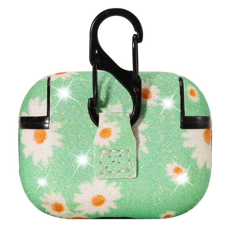 For AirPods Pro PC + PU Glitter Daisy Pattern Earphone Protective Case with Hook(Green) For AirPods Pro PC + PU Glitter Daisy Pattern Earphone Protective Case with Hook(Green)