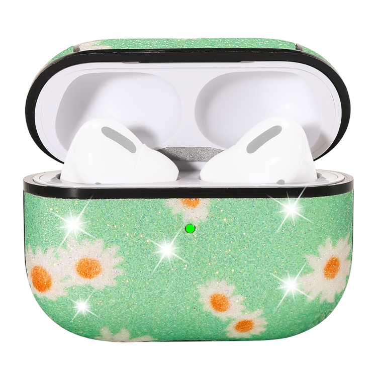 For AirPods Pro PC + PU Glitter Daisy Pattern Earphone Protective Case with Hook(Green) For AirPods Pro PC + PU Glitter Daisy Pattern Earphone Protective Case with Hook(Green)