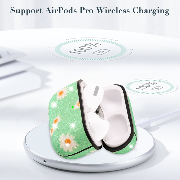 For AirPods Pro PC + PU Glitter Daisy Pattern Earphone Protective Case with Hook(Green) For AirPods Pro PC + PU Glitter Daisy Pattern Earphone Protective Case with Hook(Green)