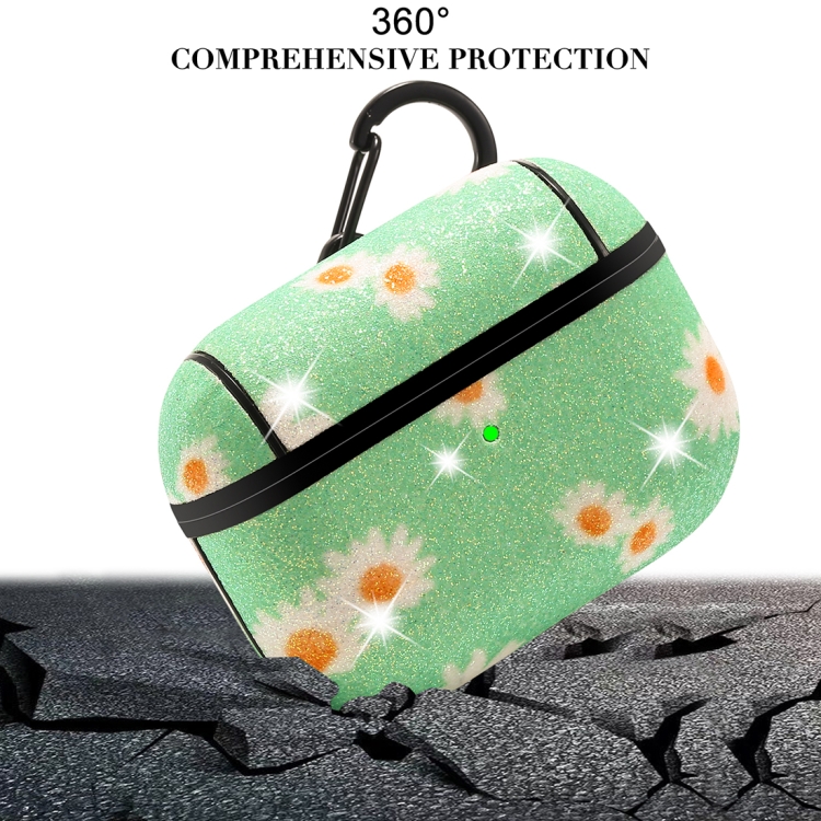 For AirPods Pro PC + PU Glitter Daisy Pattern Earphone Protective Case with Hook(Green) For AirPods Pro PC + PU Glitter Daisy Pattern Earphone Protective Case with Hook(Green)