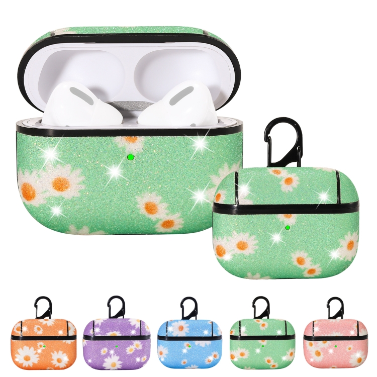 For AirPods Pro PC + PU Glitter Daisy Pattern Earphone Protective Case with Hook(Green) For AirPods Pro PC + PU Glitter Daisy Pattern Earphone Protective Case with Hook(Green)