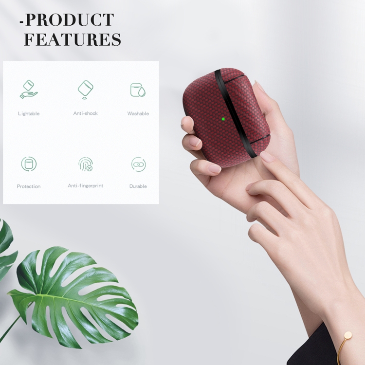 For AirPods Pro PC + PU Carbon Fiber Earphone Protective Case with Hook(Wine Red) For AirPods Pro PC + PU Carbon Fiber Earphone Protective Case with Hook(Wine Red)