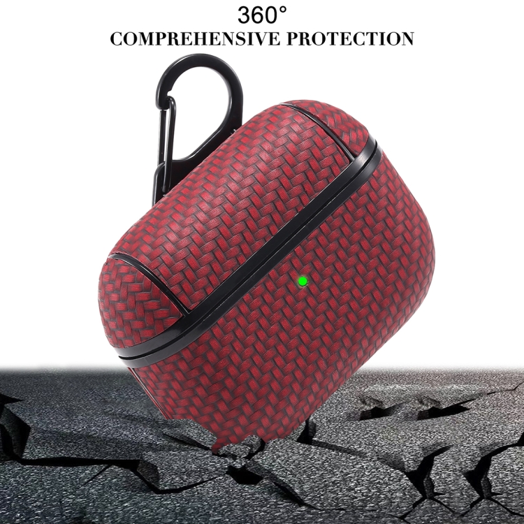 For AirPods Pro PC + PU Carbon Fiber Earphone Protective Case with Hook(Wine Red) For AirPods Pro PC + PU Carbon Fiber Earphone Protective Case with Hook(Wine Red)