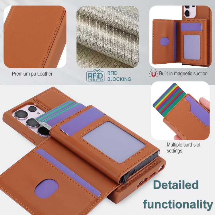 For Samsung Galaxy S23 Ultra RFID Anti-theft Detachable Card Bag Leather Phone Case(Brown) For Samsung Galaxy S23 Ultra RFID Anti-theft Detachable Card Bag Leather Phone Case(Brown)