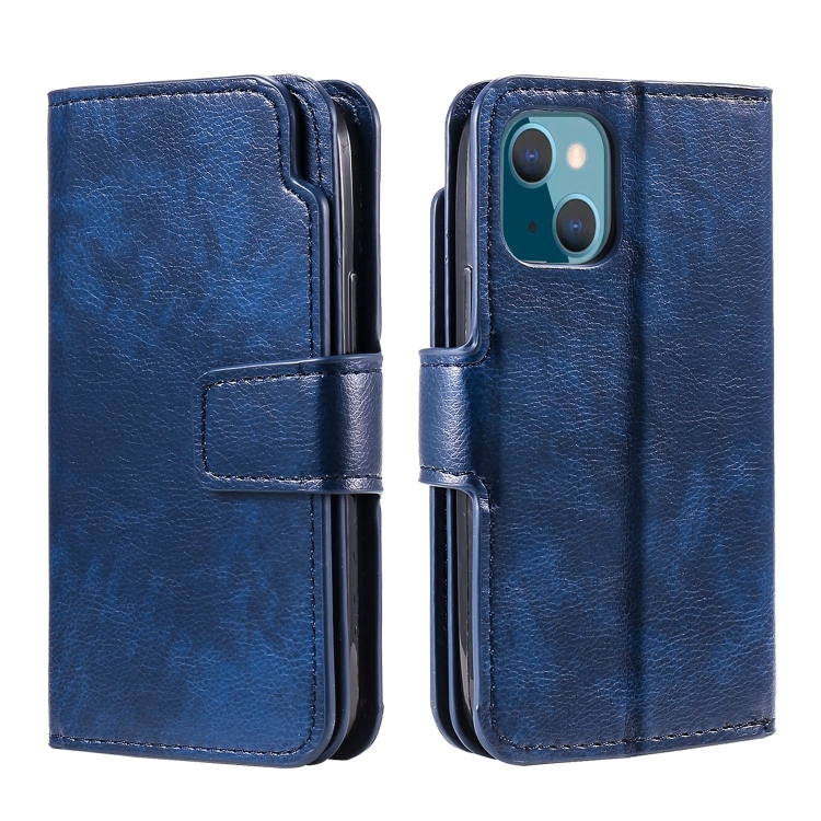 For iPhone 15 Tri-Fold 9-Card Wallets Leather Phone Case(Blue)