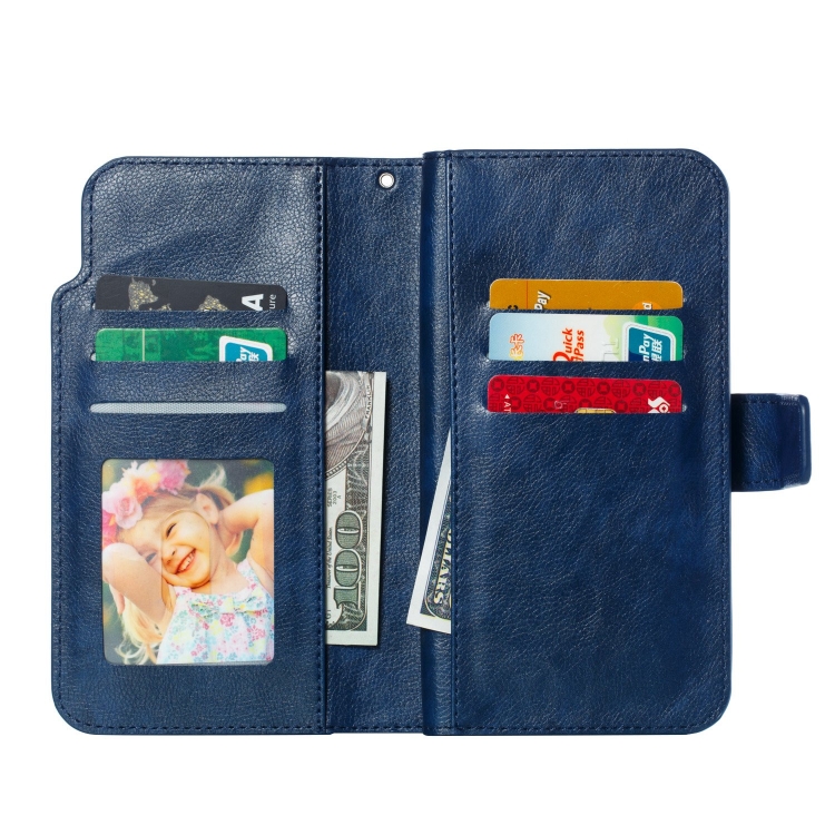 For iPhone 15 Tri-Fold 9-Card Wallets Leather Phone Case(Blue)