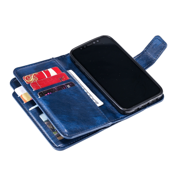 For iPhone 15 Tri-Fold 9-Card Wallets Leather Phone Case(Blue)