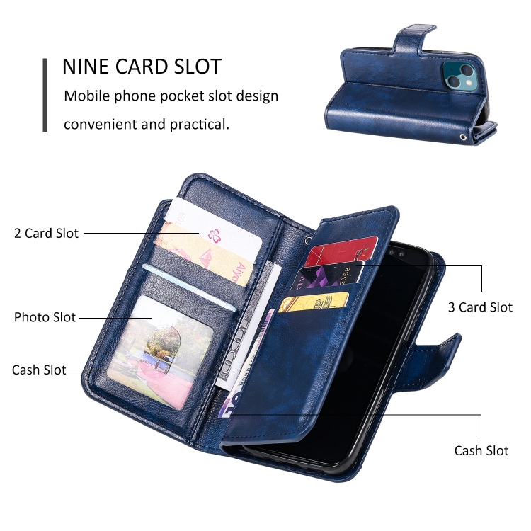 For iPhone 15 Tri-Fold 9-Card Wallets Leather Phone Case(Blue)