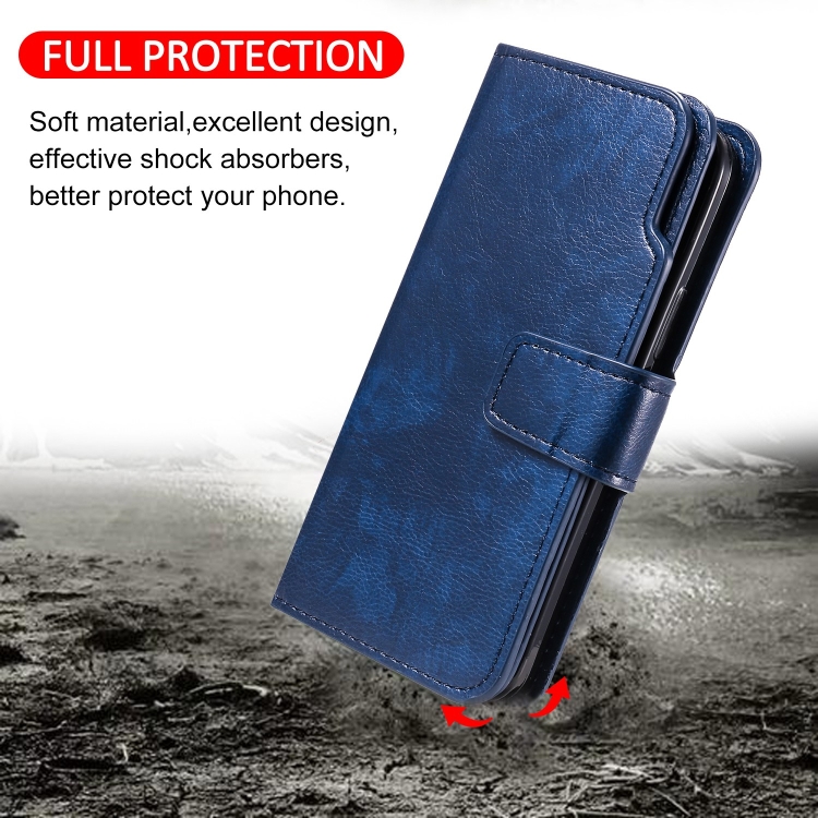 For iPhone 15 Tri-Fold 9-Card Wallets Leather Phone Case(Blue)