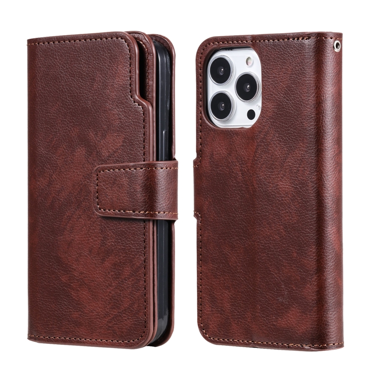 For iPhone 16 Pro Tri-Fold 9-Card Wallets Leather Phone Case(Brown)