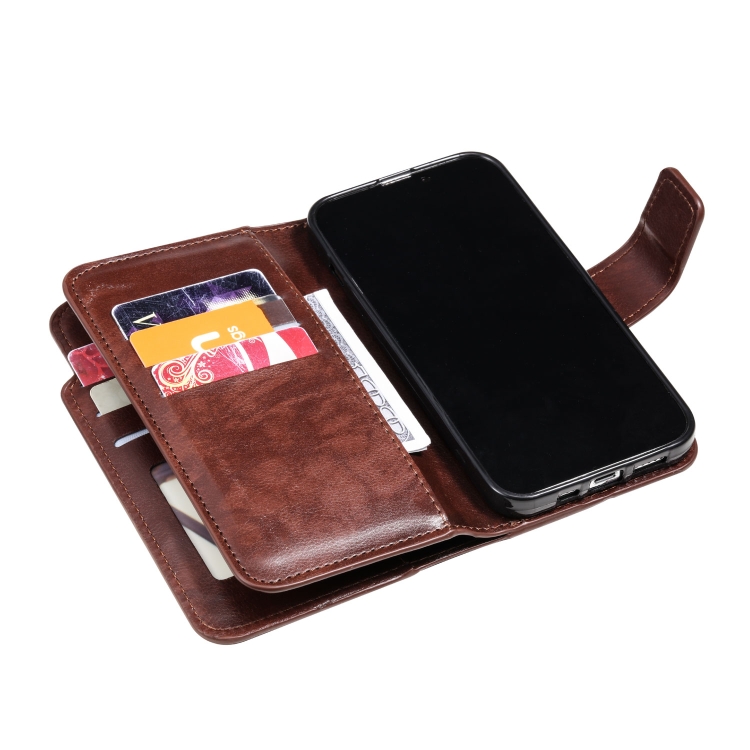 For iPhone 16 Pro Tri-Fold 9-Card Wallets Leather Phone Case(Brown)