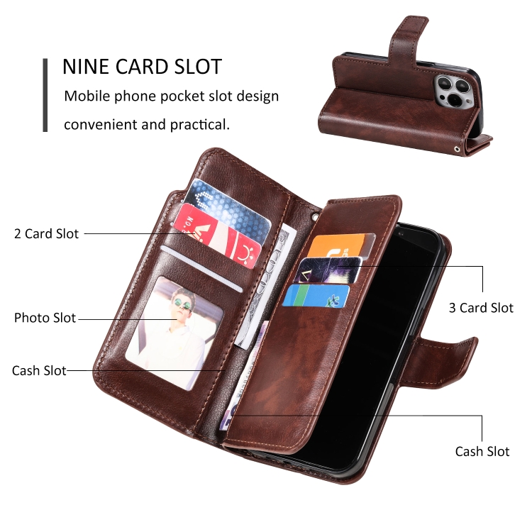 For iPhone 16 Pro Tri-Fold 9-Card Wallets Leather Phone Case(Brown)