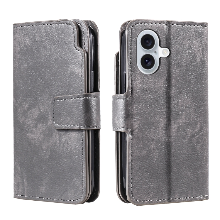 For iPhone 16 Tri-Fold 9-Card Wallets Leather Phone Case(Grey) For iPhone 16 Tri-Fold 9-Card Wallets Leather Phone Case(Grey)