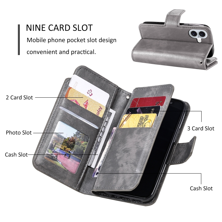 For iPhone 16 Tri-Fold 9-Card Wallets Leather Phone Case(Grey) For iPhone 16 Tri-Fold 9-Card Wallets Leather Phone Case(Grey)