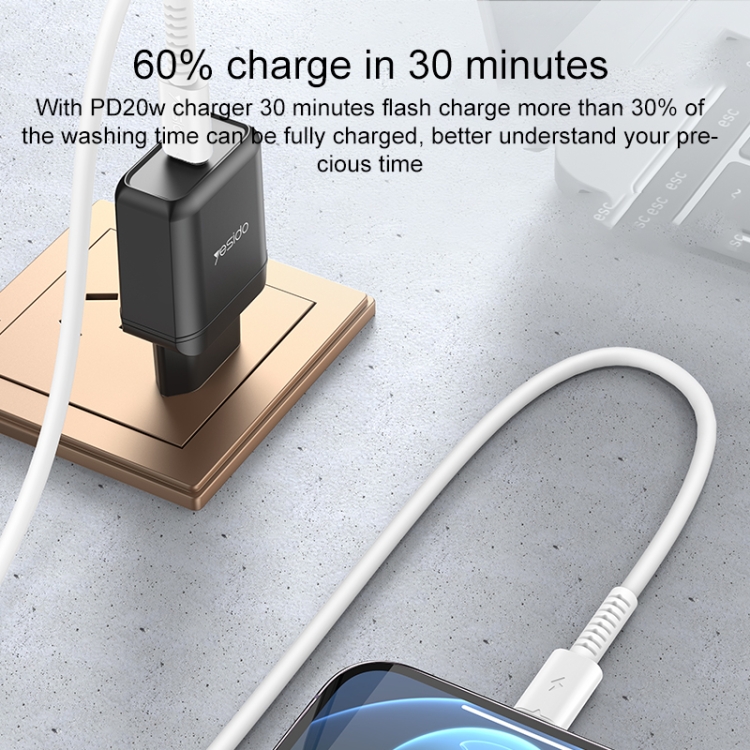 Yesido CA153 PD 20W USB-C / Type-C to 8 Pin Charging Data Cable, Length: 1m(White) Yesido CA153 PD 20W USB-C / Type-C to 8 Pin Charging Data Cable, Length: 1m(White)