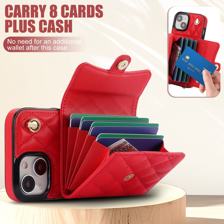 For iPhone 15 Plus Crossbody Rhombic Horizontal Wallet Leather Phone Case(Red) For iPhone 15 Plus Crossbody Rhombic Horizontal Wallet Leather Phone Case(Red)