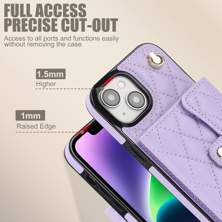 For iPhone 14 Plus Crossbody Rhombic Horizontal Wallet Leather Phone Case(Purple)