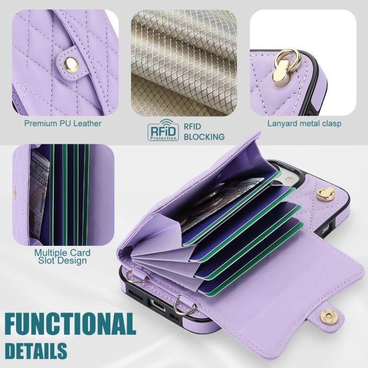 For iPhone 14 Plus Crossbody Rhombic Horizontal Wallet Leather Phone Case(Purple)