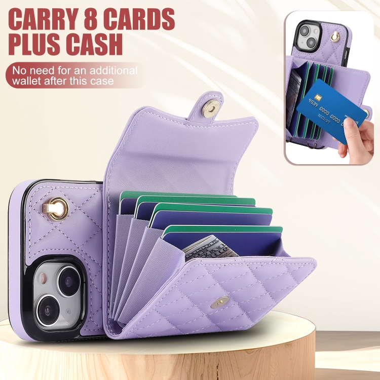 For iPhone 14 Plus Crossbody Rhombic Horizontal Wallet Leather Phone Case(Purple)