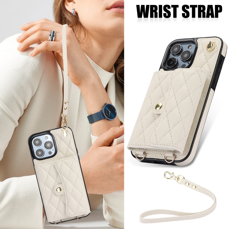 For iPhone 16 Pro Max Crossbody Rhombic Horizontal Wallet Leather Phone Case(White) For iPhone 16 Pro Max Crossbody Rhombic Horizontal Wallet Leather Phone Case(White)