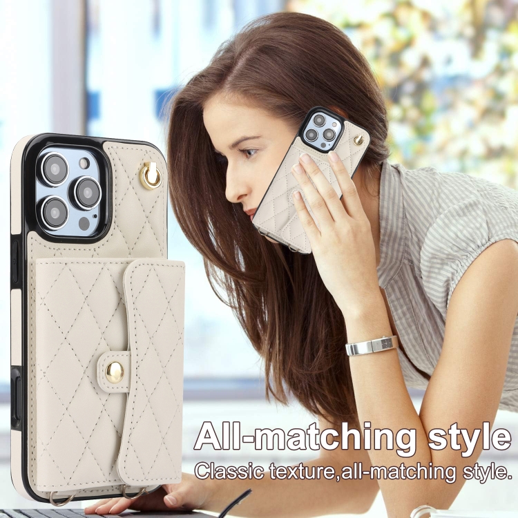 For iPhone 16 Pro Max Crossbody Rhombic Horizontal Wallet Leather Phone Case(White) For iPhone 16 Pro Max Crossbody Rhombic Horizontal Wallet Leather Phone Case(White)