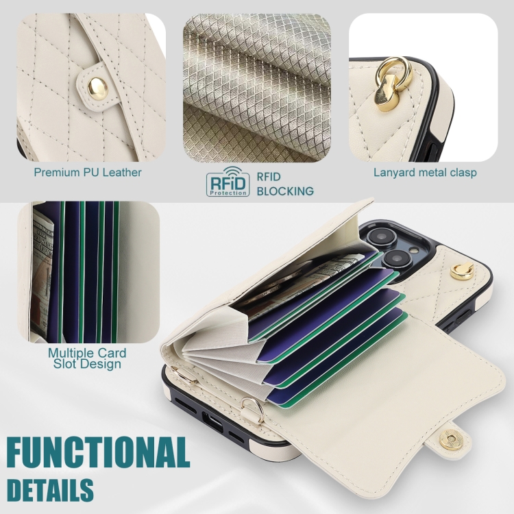 For iPhone 16 Pro Max Crossbody Rhombic Horizontal Wallet Leather Phone Case(White) For iPhone 16 Pro Max Crossbody Rhombic Horizontal Wallet Leather Phone Case(White)