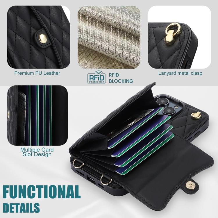 For iPhone 16 Pro Crossbody Rhombic Horizontal Wallet Leather Phone Case(Black) For iPhone 16 Pro Crossbody Rhombic Horizontal Wallet Leather Phone Case(Black)