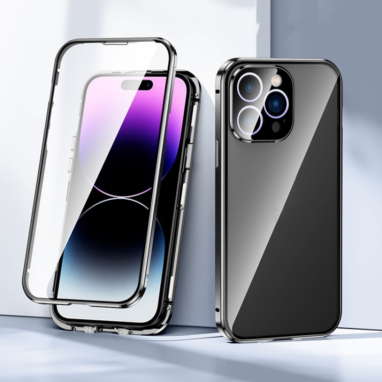 For iPhone 15 Magnetic Double-buckle HD Tempered Glass Phone Case(Black) For iPhone 15 Magnetic Double-buckle HD Tempered Glass Phone Case(Black)