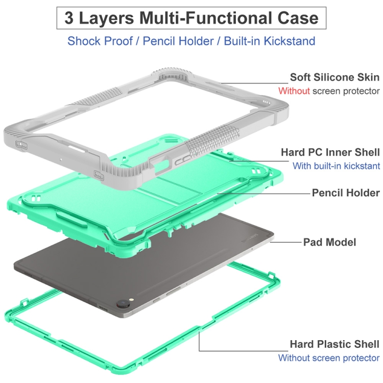 For Samsung Galaxy Tab S9 Shockproof Silicone Hybrid PC Tablet Case with Holder(Mint Green + Grey)