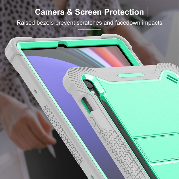 For Samsung Galaxy Tab S9 Shockproof Silicone Hybrid PC Tablet Case with Holder(Mint Green + Grey)