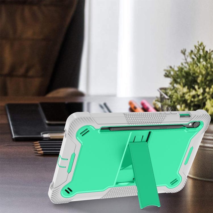 For Samsung Galaxy Tab S9 Shockproof Silicone Hybrid PC Tablet Case with Holder(Mint Green + Grey)
