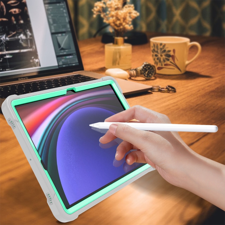 For Samsung Galaxy Tab S9 Shockproof Silicone Hybrid PC Tablet Case with Holder(Mint Green + Grey)