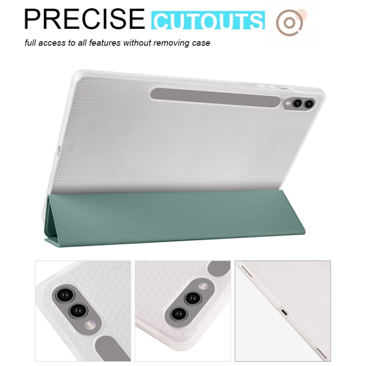 For Samsung Galaxy Tab S10+ / S9+ 3-folding Transparent TPU Smart Leather Tablet Case with Pen Slot(Green)