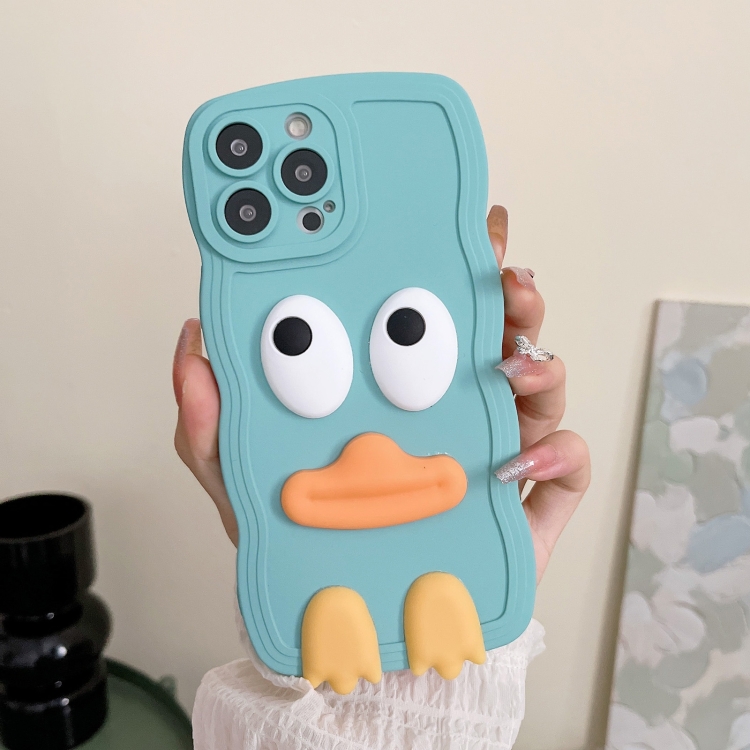 For iPhone 15 Wave Edge Big Duck Silicone Phone Case with Wristband(Blue)