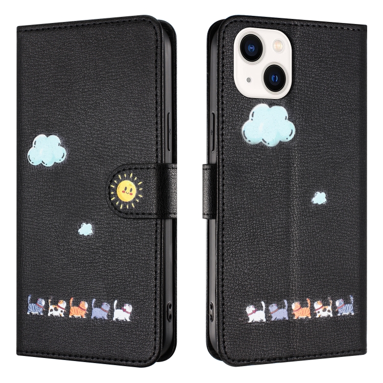 For iPhone 14 / 13 Cartoon Cats Leather Phone Case(Black) For iPhone 14 / 13 Cartoon Cats Leather Phone Case(Black)