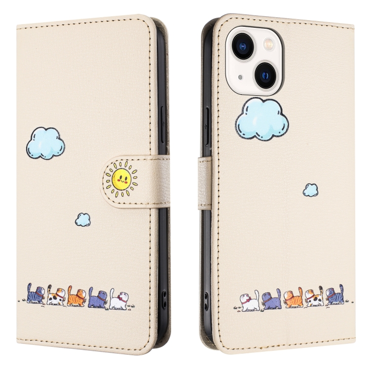 For iPhone 15 Cartoon Cats Leather Phone Case(Beige White) For iPhone 15 Cartoon Cats Leather Phone Case(Beige White)
