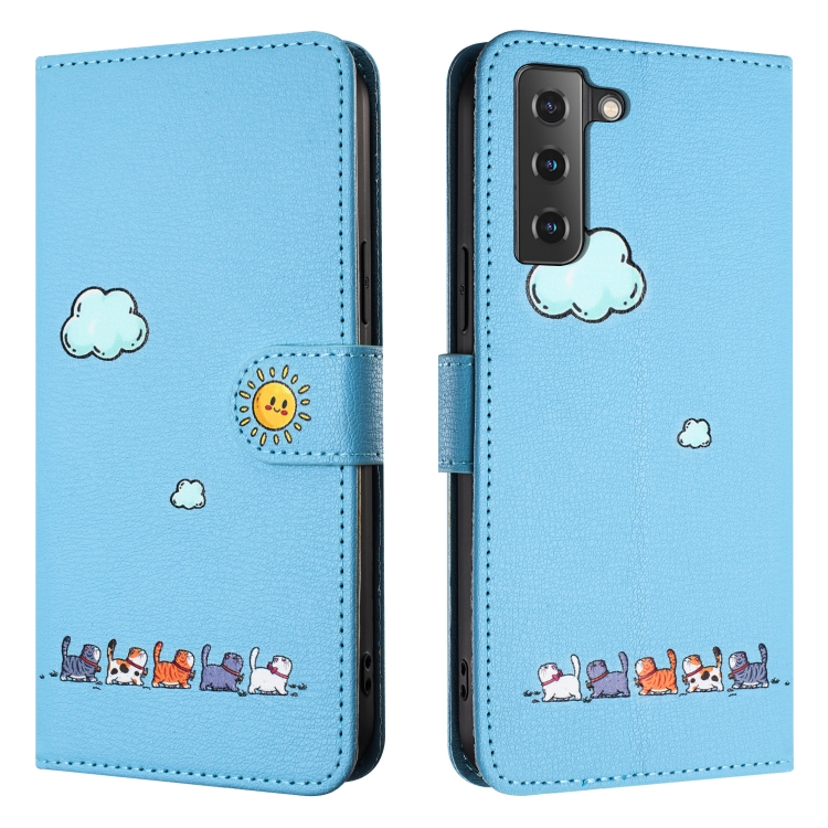 For Samsung Galaxy S22 5G Cartoon Cats Leather Phone Case(Blue) For Samsung Galaxy S22 5G Cartoon Cats Leather Phone Case(Blue)