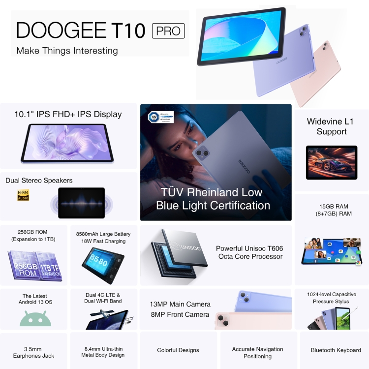 [Magazzino HK] Tablet PC DOOGEE T10 Pro da 10,1 pollici, 15 GB+256 GB,  Android 13 Unisoc T606 Octa Core, versione globale con Google Play, presa  EU