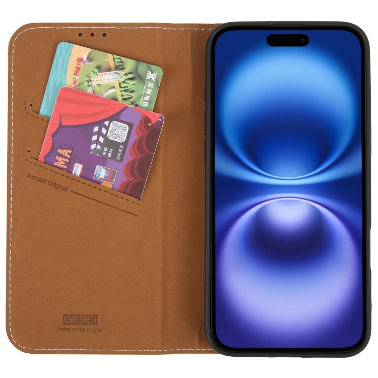 For iPhone 16 GEBEI Top-grain Horizontal Flip Leather Phone Case(Brown)