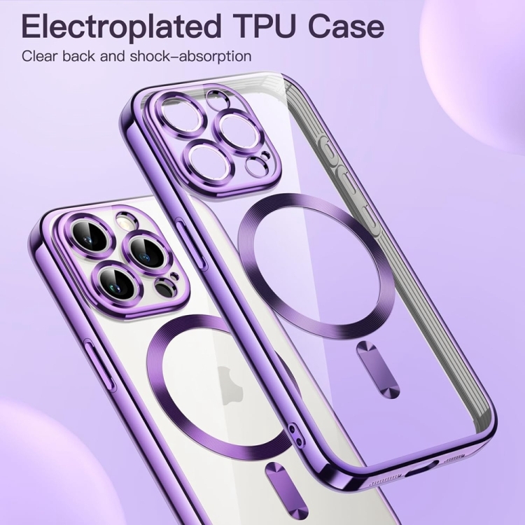 For iPhone 16 Transparent Electroplated Magsafe Magnetic TPU Phone Case(Purple) For iPhone 16 Transparent Electroplated Magsafe Magnetic TPU Phone Case(Purple)