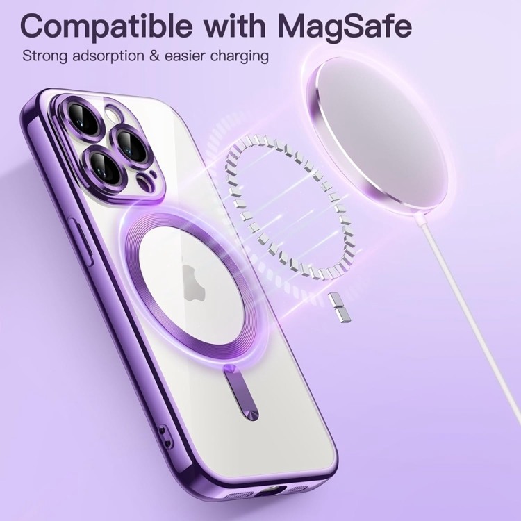 For iPhone 16 Transparent Electroplated Magsafe Magnetic TPU Phone Case(Purple) For iPhone 16 Transparent Electroplated Magsafe Magnetic TPU Phone Case(Purple)